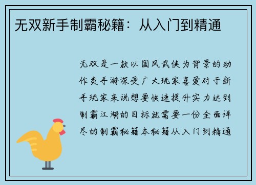 无双新手制霸秘籍：从入门到精通